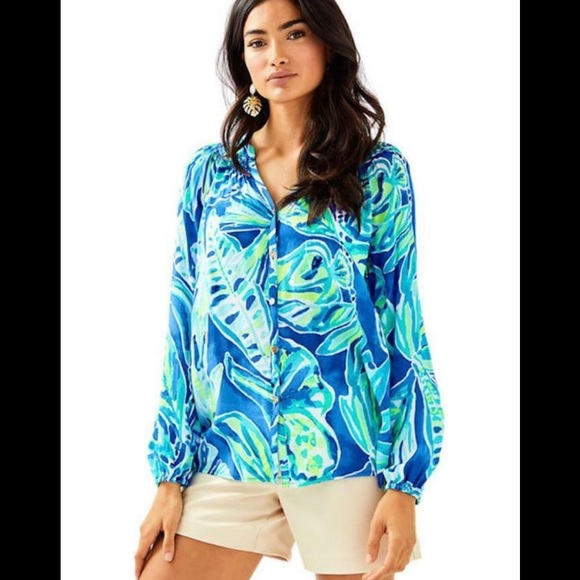 LILLY PULITZER ELSA BUTTON FRONT BECKON PALM PASSAGE BLOUSE TOP SIZE MEDIUM - Picture 2 of 9